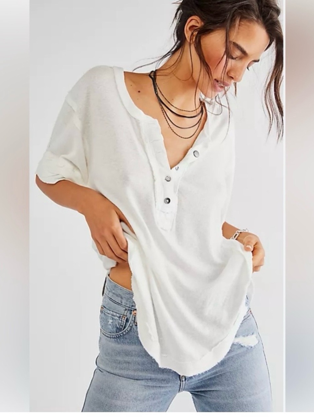 Free People Heritage Henley T-Shirt in white features a lived-in, oversized - Picture 2 of 7